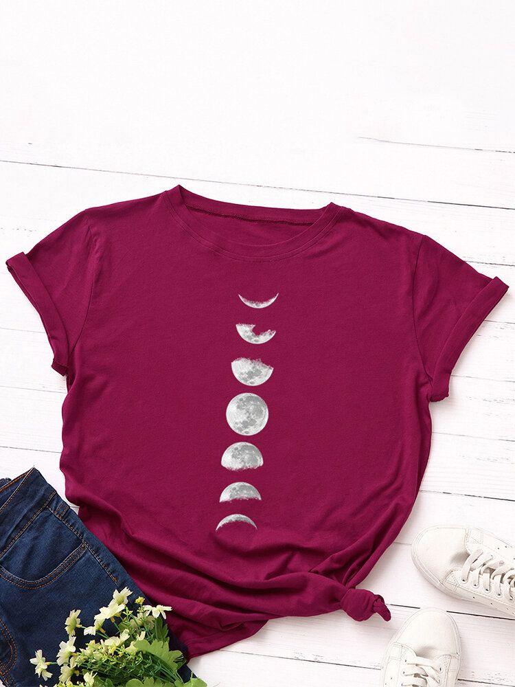 Damen Lunar Eclipse Graphic Print Mehrfarbiges Kurzarm-tages-t-shirt Mit O-ausschnitt