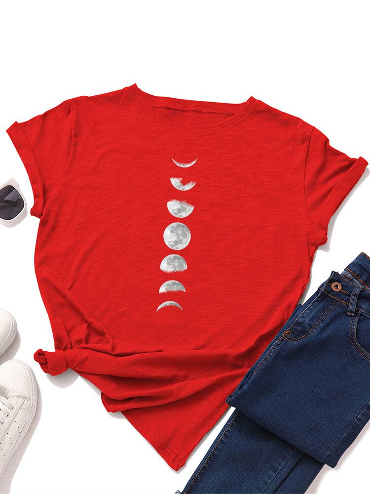 Damen Lunar Eclipse Graphic Print Mehrfarbiges Kurzarm-tages-t-shirt Mit O-ausschnitt