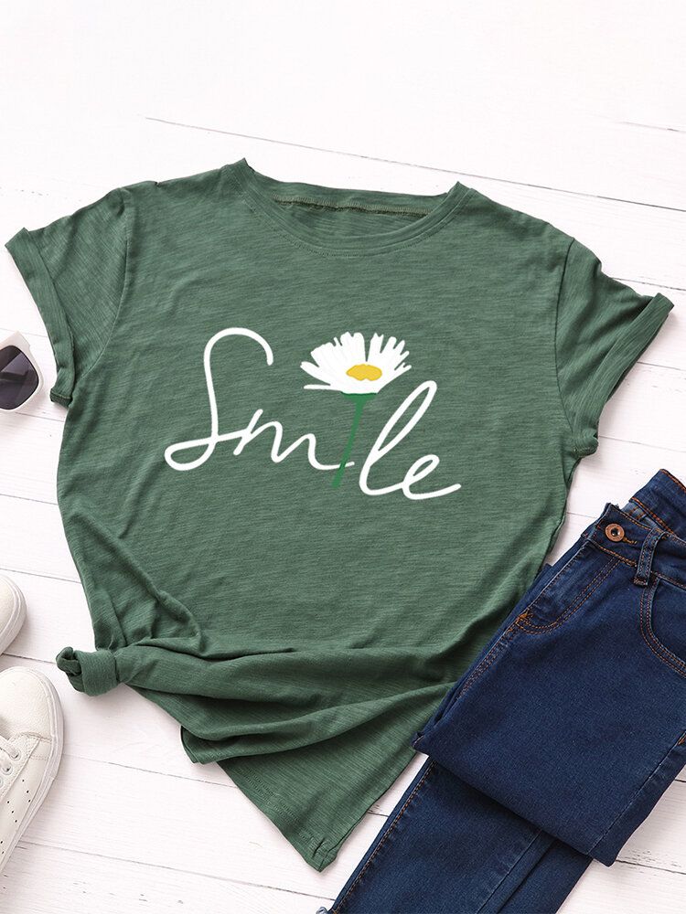 Damen Smile Daisy Print Multicolor O-neck Kurzarm Casual T-shirt