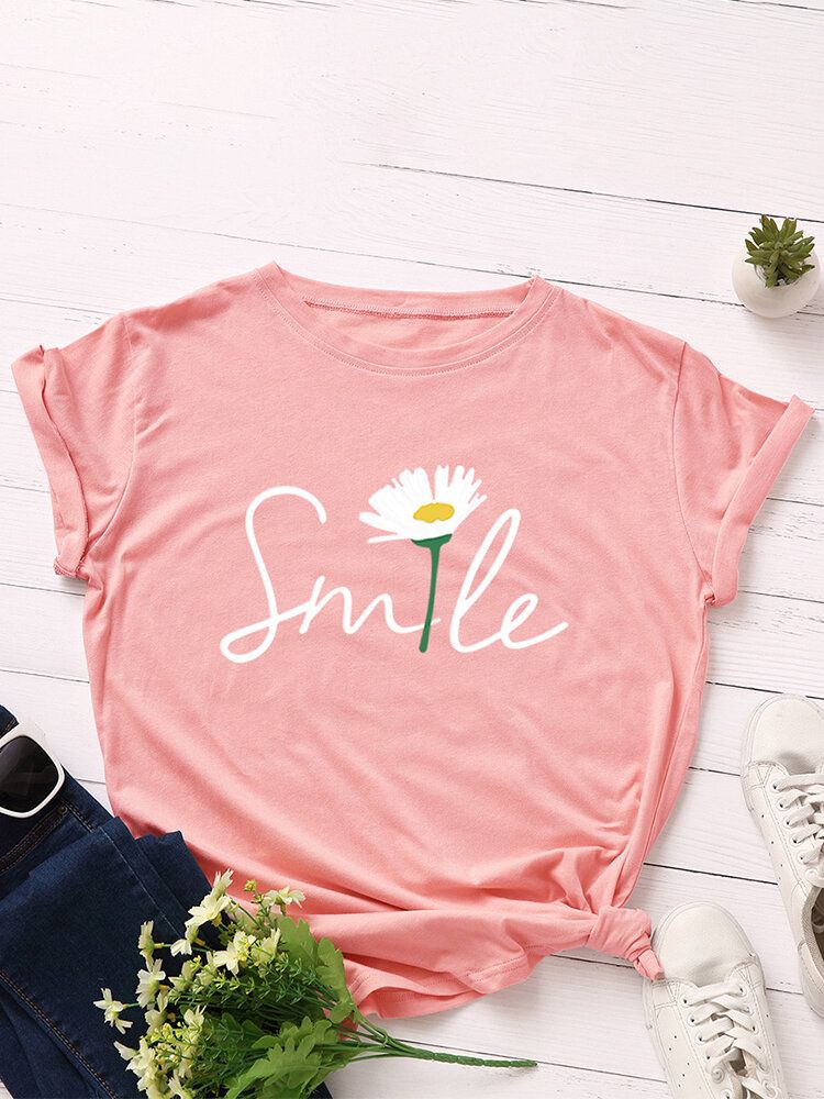 Damen Smile Daisy Print Multicolor O-neck Kurzarm Casual T-shirt