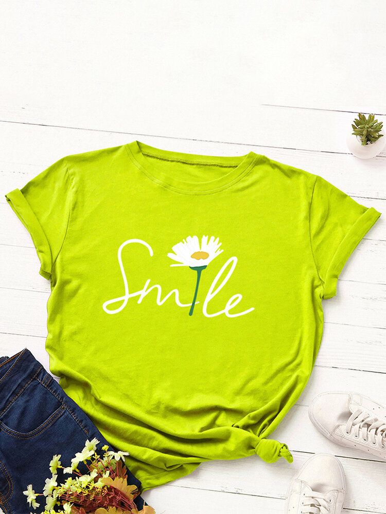 Damen Smile Daisy Print Multicolor O-neck Kurzarm Casual T-shirt