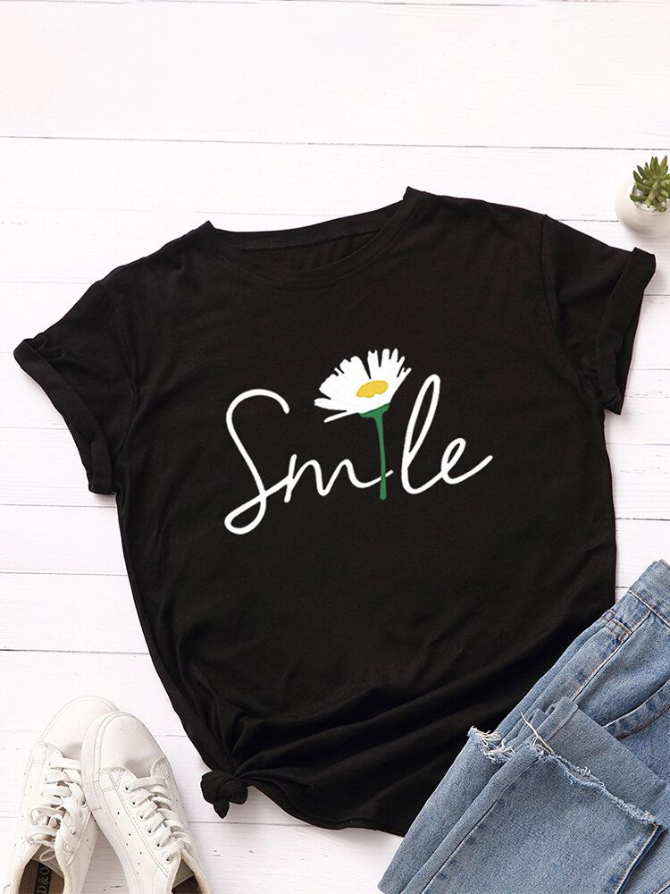 Damen Smile Daisy Print Multicolor O-neck Kurzarm Casual T-shirt