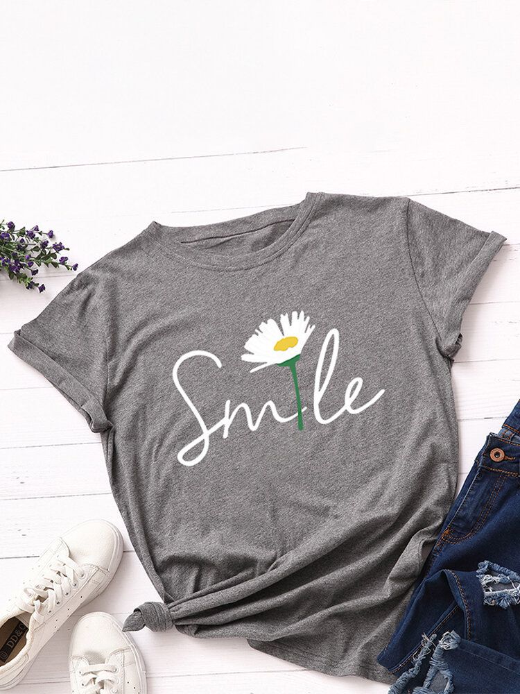 Damen Smile Daisy Print Multicolor O-neck Kurzarm Casual T-shirt