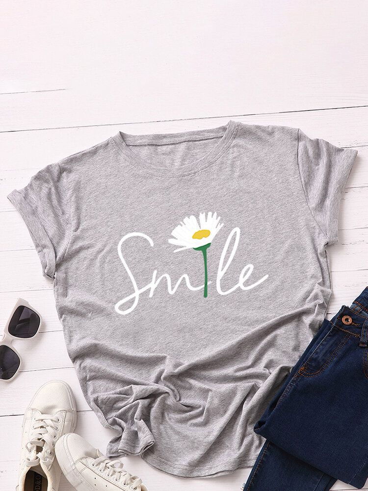 Damen Smile Daisy Print Multicolor O-neck Kurzarm Casual T-shirt