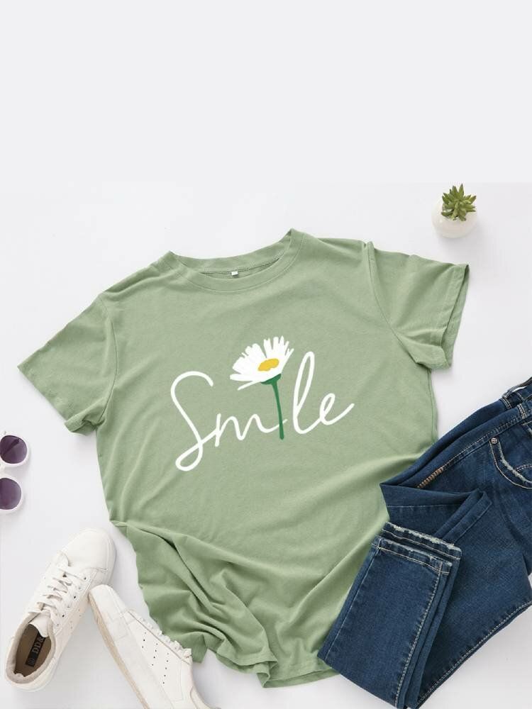 Damen Smile Daisy Print Multicolor O-neck Kurzarm Casual T-shirt