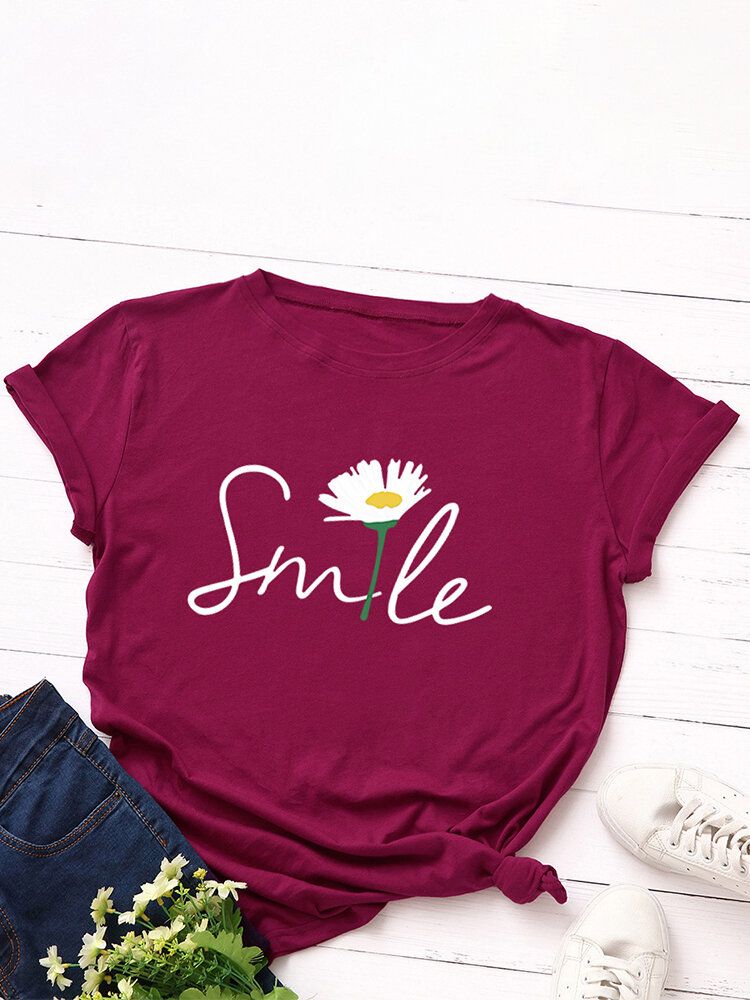 Damen Smile Daisy Print Multicolor O-neck Kurzarm Casual T-shirt