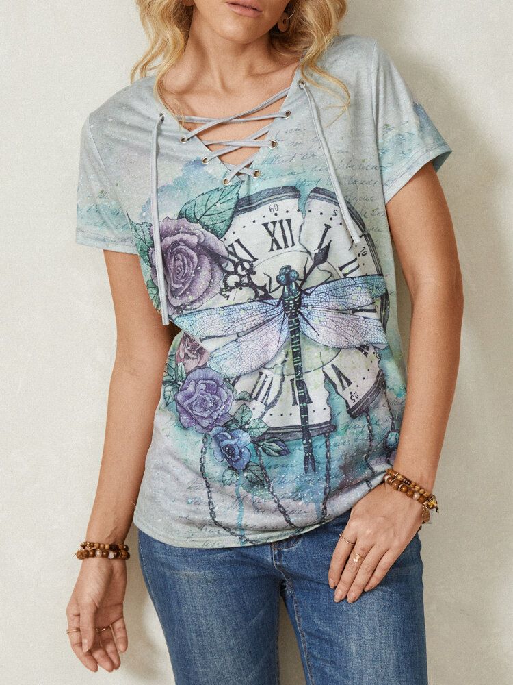 Frauen Calico Dragonfly Print V-ausschnitt Bandage Lässige Kurzarm-t-shirts