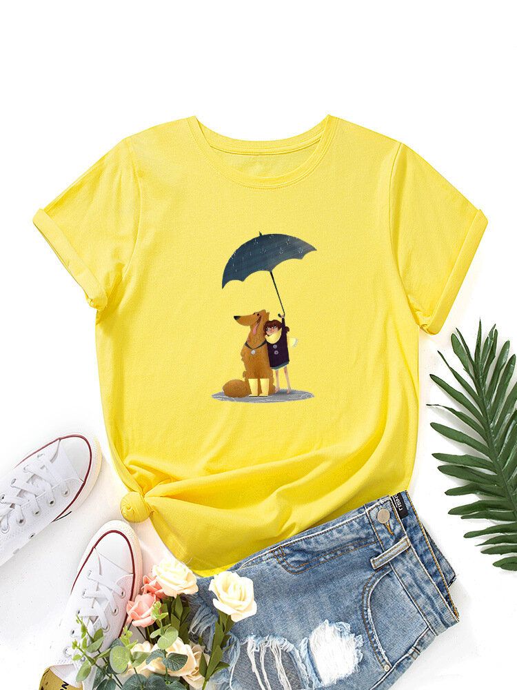 Frauen Cartoon Hund Und Figur Grafik O-ausschnitt Kurzarm Casual T-shirts