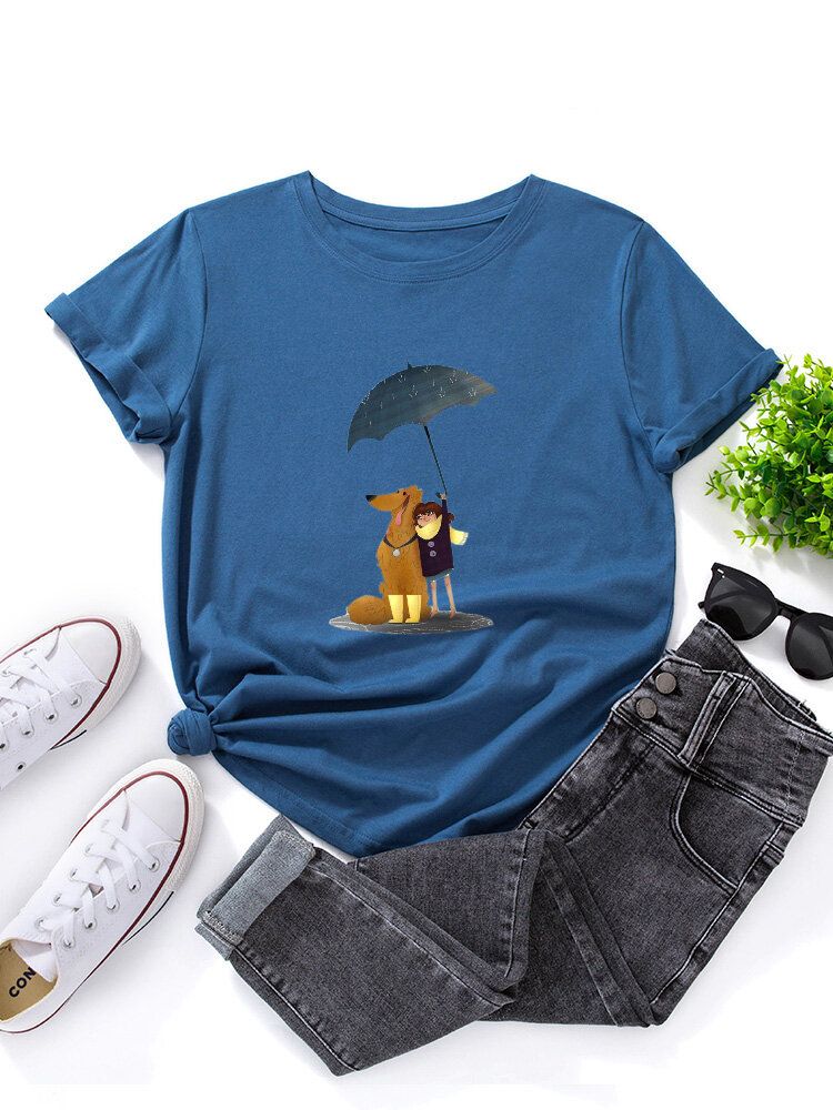 Frauen Cartoon Hund Und Figur Grafik O-ausschnitt Kurzarm Casual T-shirts