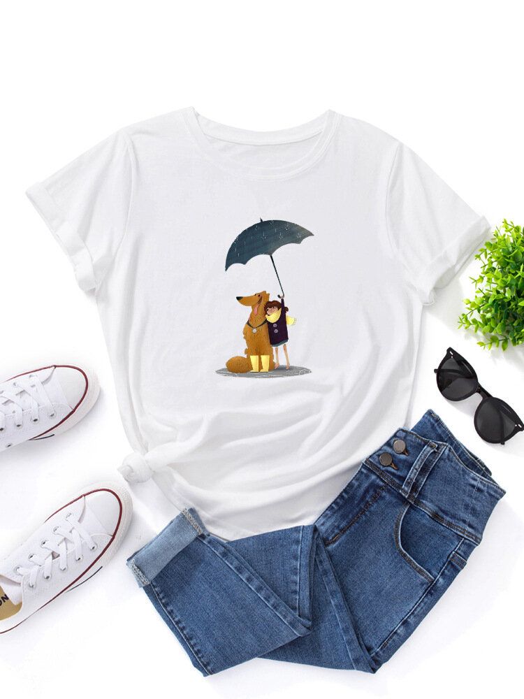 Frauen Cartoon Hund Und Figur Grafik O-ausschnitt Kurzarm Casual T-shirts