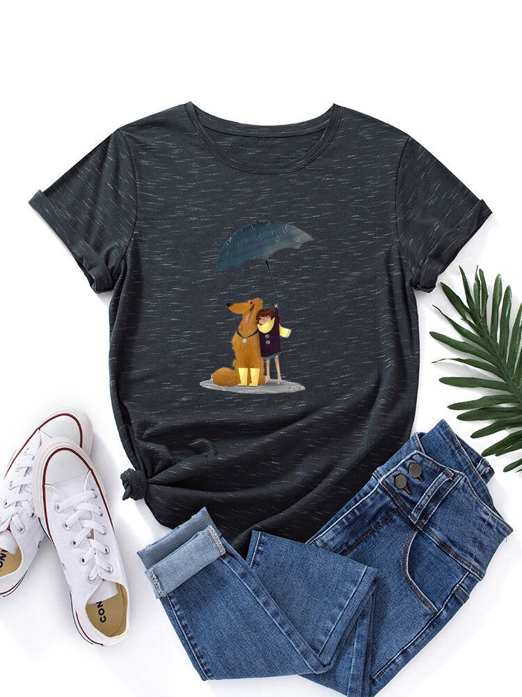 Frauen Cartoon Hund Und Figur Grafik O-ausschnitt Kurzarm Casual T-shirts