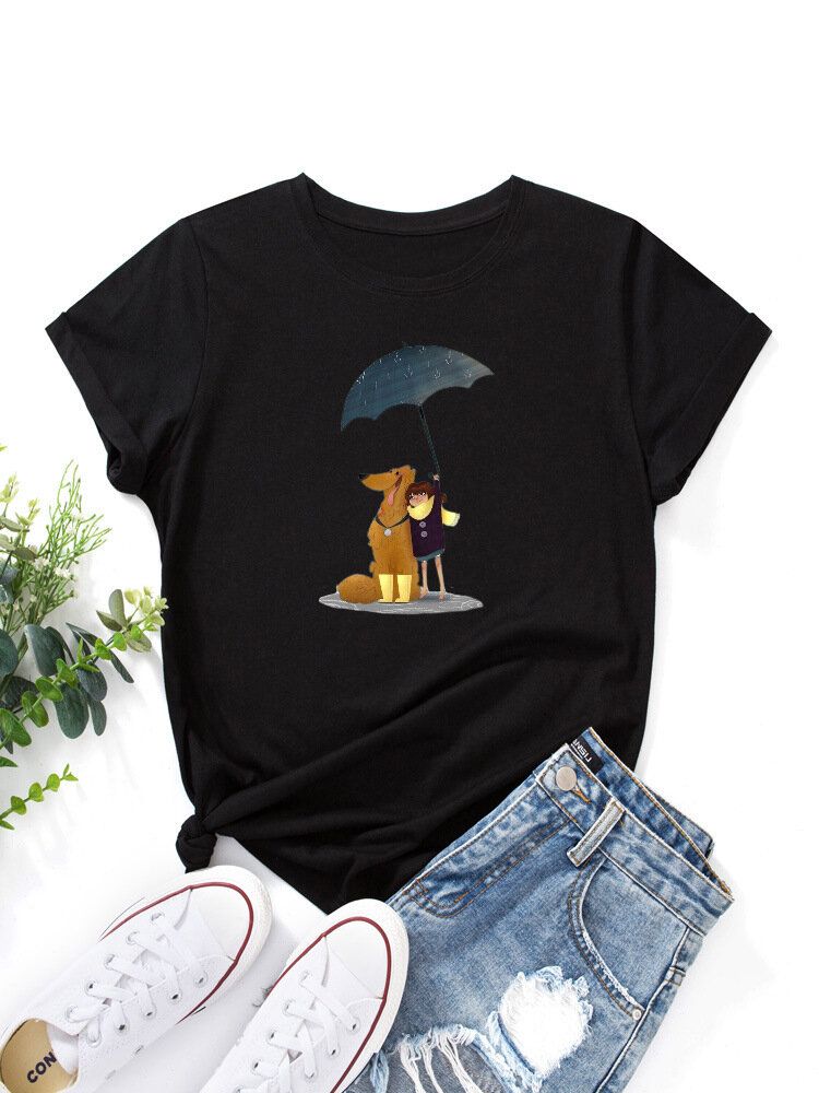 Frauen Cartoon Hund Und Figur Grafik O-ausschnitt Kurzarm Casual T-shirts