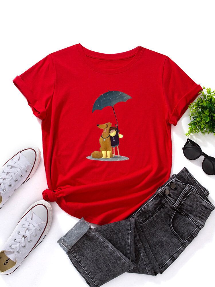 Frauen Cartoon Hund Und Figur Grafik O-ausschnitt Kurzarm Casual T-shirts