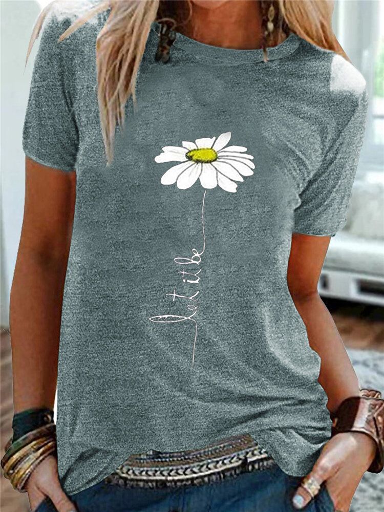 Frauen-gänseblümchen-stickerei-rundhals-beiläufige Kurze Hülsen-t-shirts