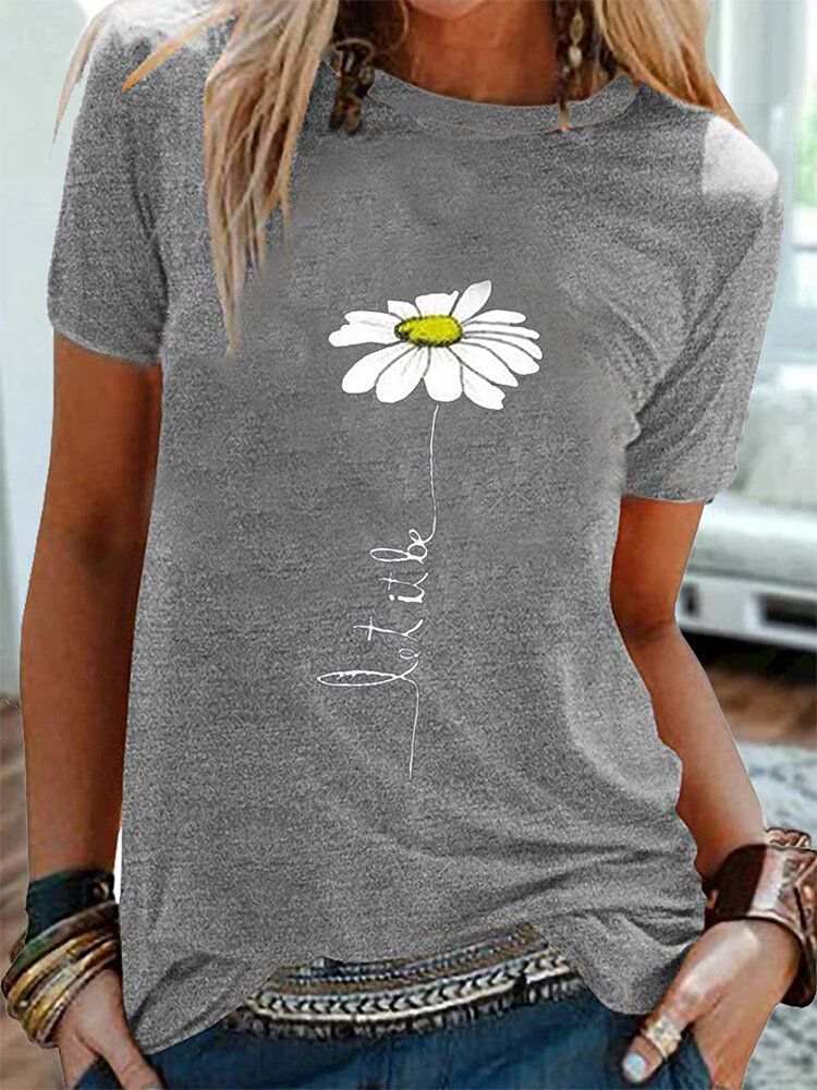 Frauen-gänseblümchen-stickerei-rundhals-beiläufige Kurze Hülsen-t-shirts