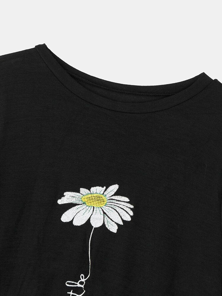 Frauen-gänseblümchen-stickerei-rundhals-beiläufige Kurze Hülsen-t-shirts