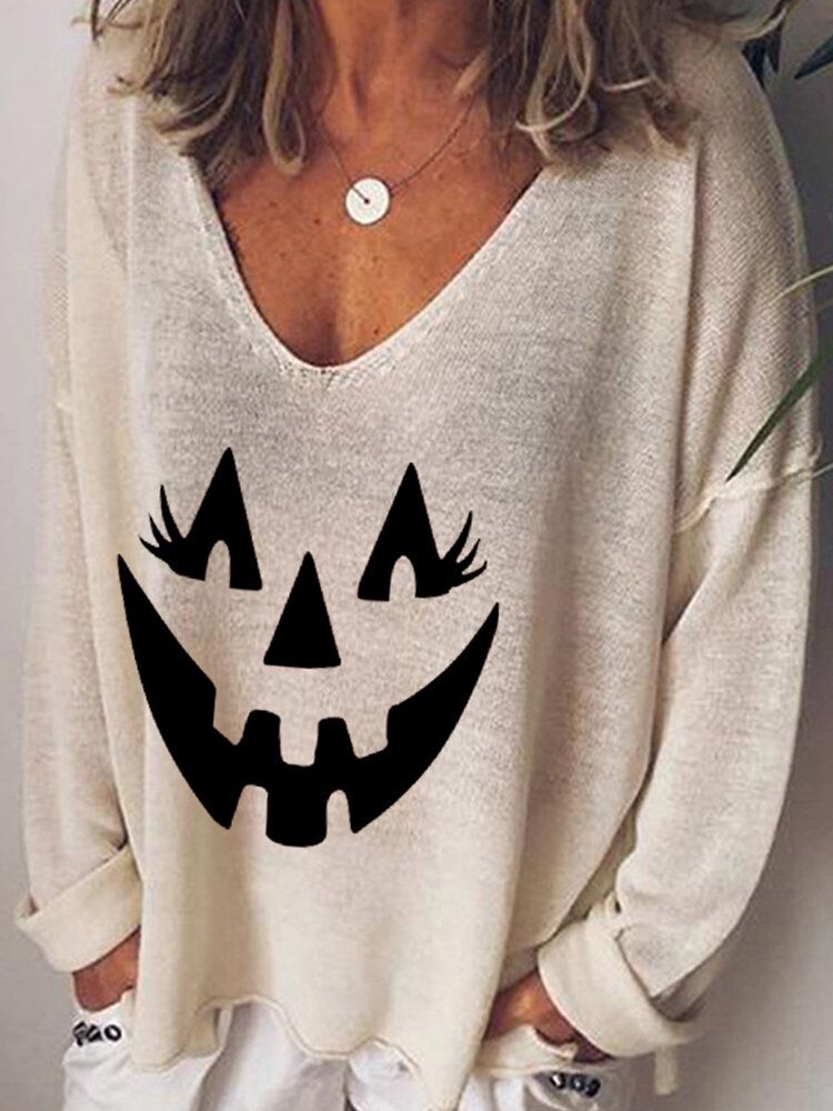 Frauen-halloween-lustiger Kürbis-druck Mit V-ausschnitt Lose Langärmlige T-shirts