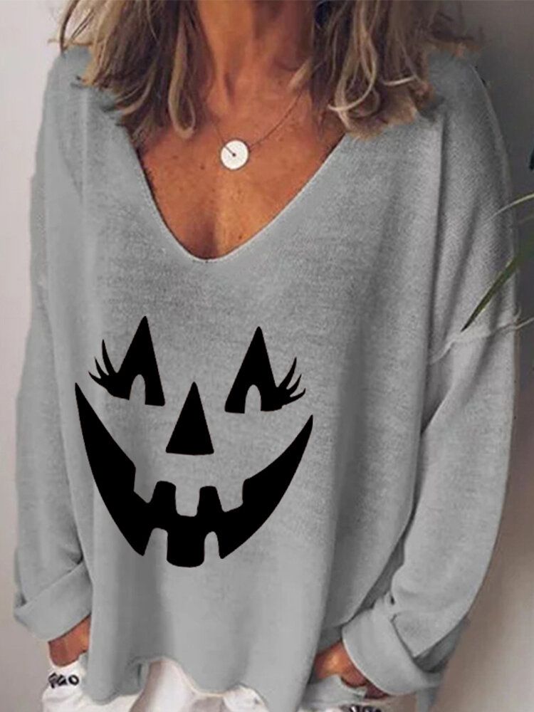 Frauen-halloween-lustiger Kürbis-druck Mit V-ausschnitt Lose Langärmlige T-shirts