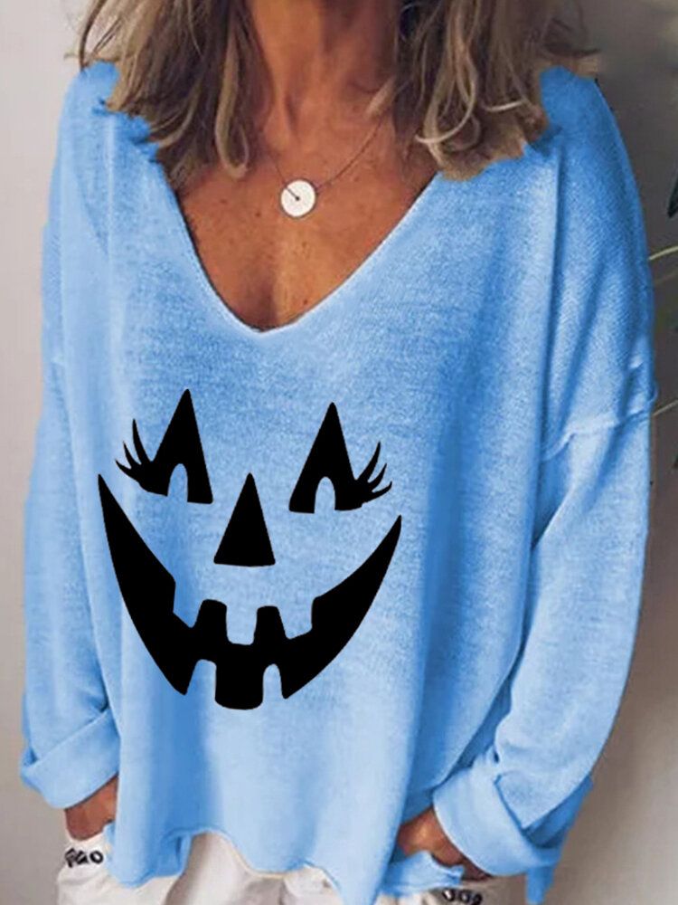 Frauen-halloween-lustiger Kürbis-druck Mit V-ausschnitt Lose Langärmlige T-shirts