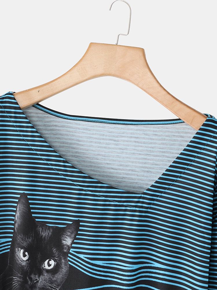 Frauen-karikatur-katze Gestreiftes Beiläufiges Langarm-t-shirt Mit V-ausschnitt