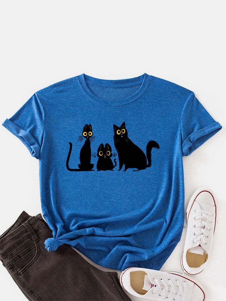 Frauen-karikatur-katzen-druck-rundhals-niedliche Kurzarm-t-shirts