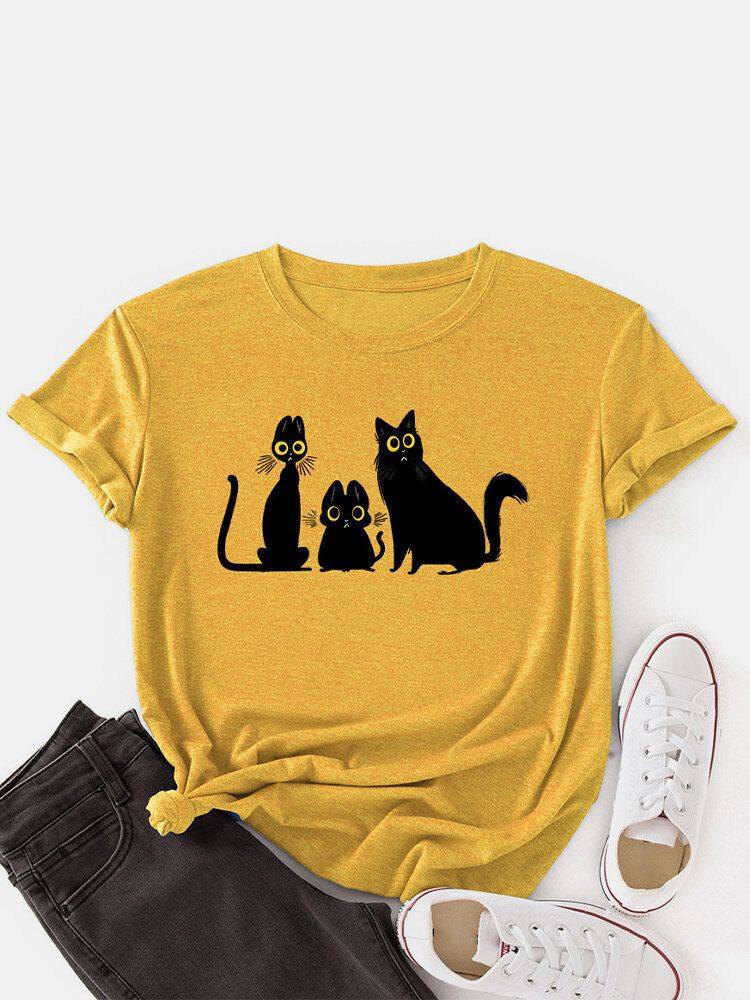 Frauen-karikatur-katzen-druck-rundhals-niedliche Kurzarm-t-shirts