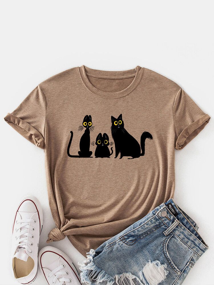 Frauen-karikatur-katzen-druck-rundhals-niedliche Kurzarm-t-shirts