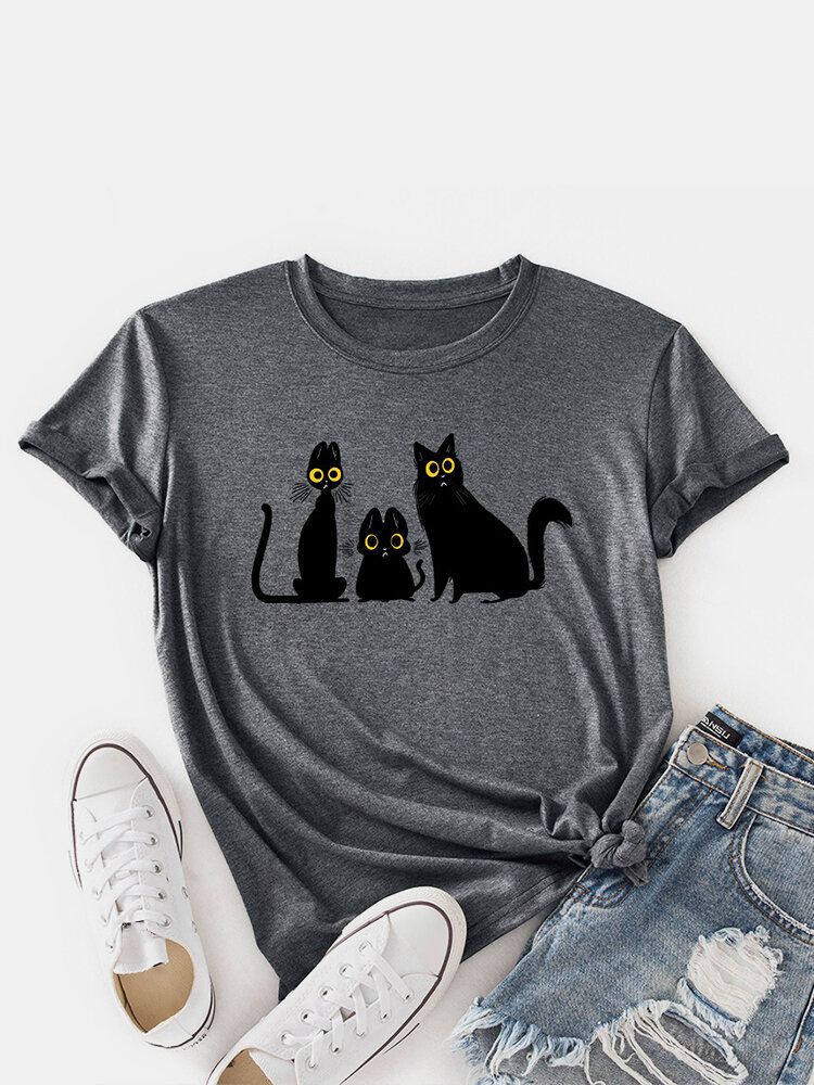 Frauen-karikatur-katzen-druck-rundhals-niedliche Kurzarm-t-shirts