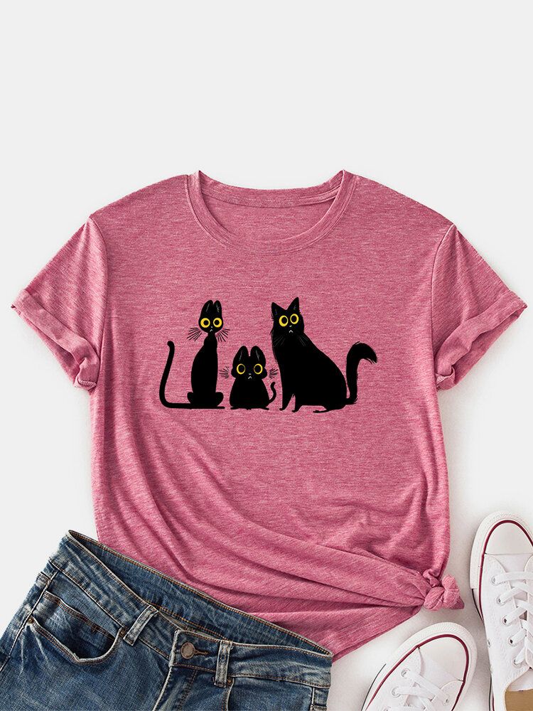 Frauen-karikatur-katzen-druck-rundhals-niedliche Kurzarm-t-shirts