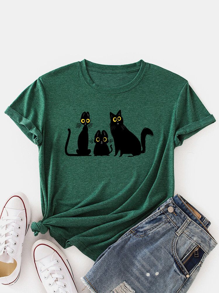 Frauen-karikatur-katzen-druck-rundhals-niedliche Kurzarm-t-shirts