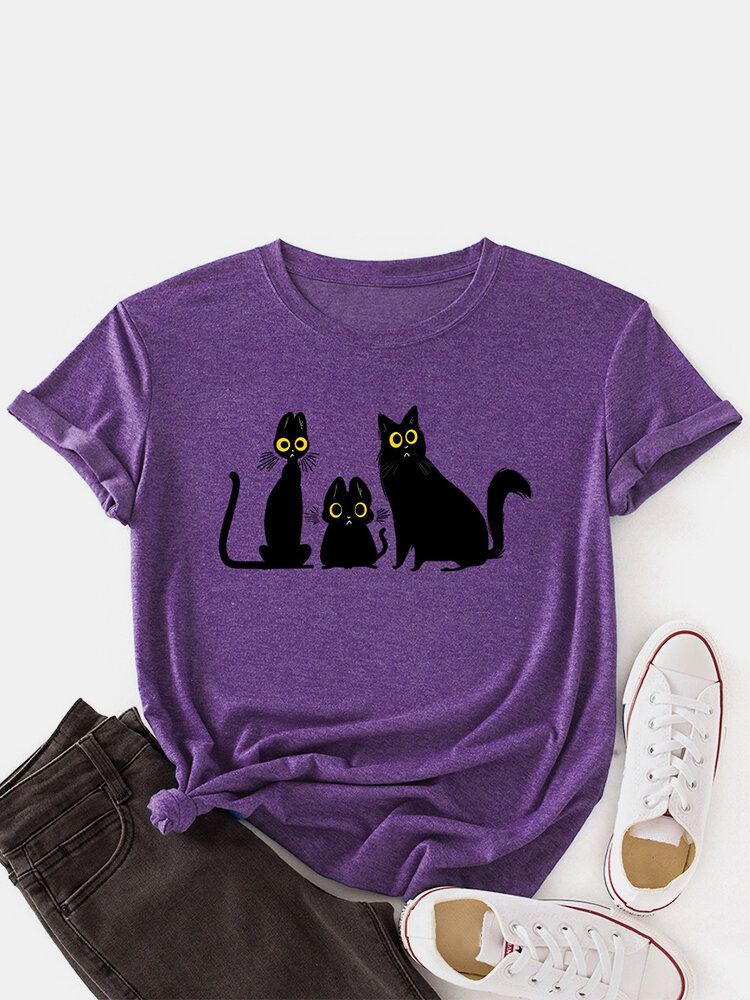 Frauen-karikatur-katzen-druck-rundhals-niedliche Kurzarm-t-shirts