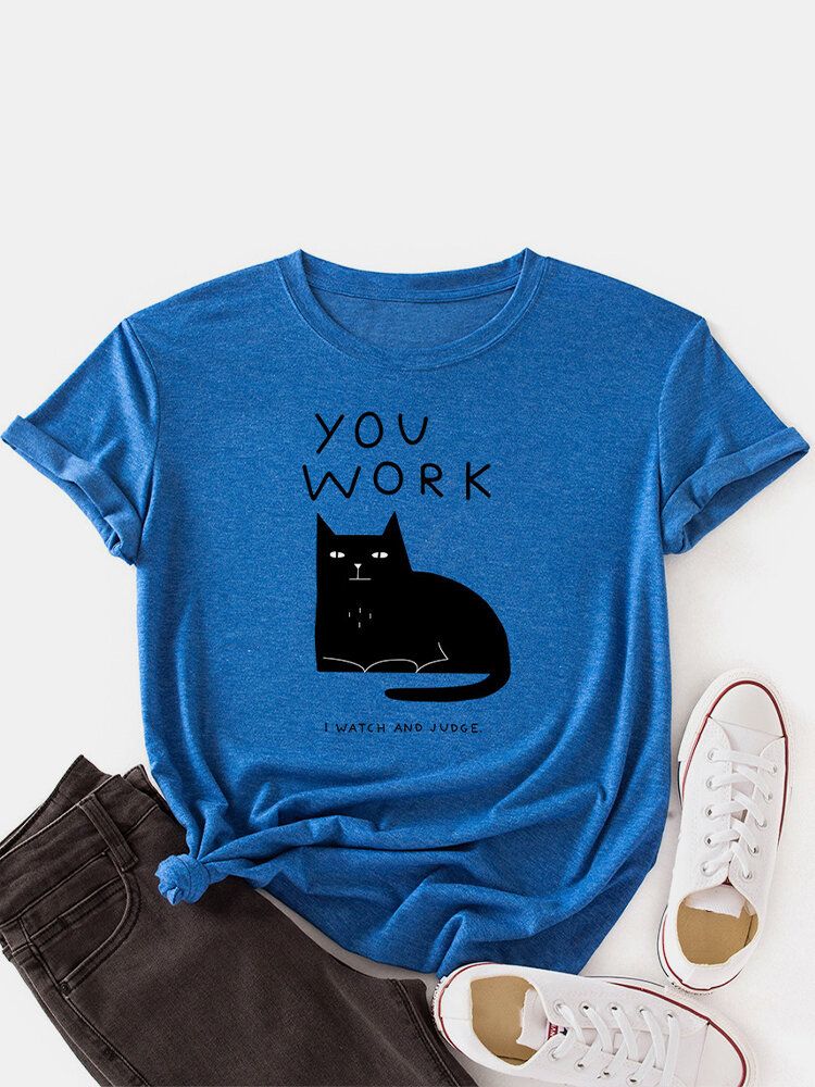 Frauen-katzen-buchstaben-druck-rundhals-niedliche Kurzarm-t-shirts