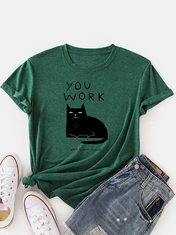 Frauen-katzen-buchstaben-druck-rundhals-niedliche Kurzarm-t-shirts