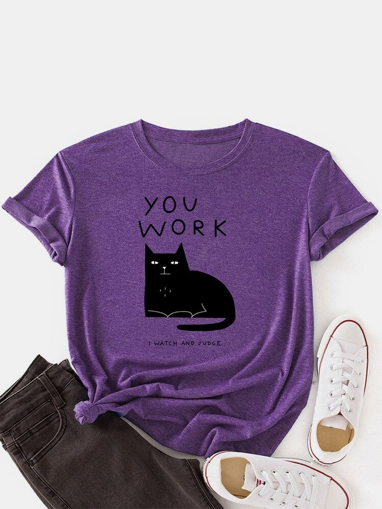 Frauen-katzen-buchstaben-druck-rundhals-niedliche Kurzarm-t-shirts