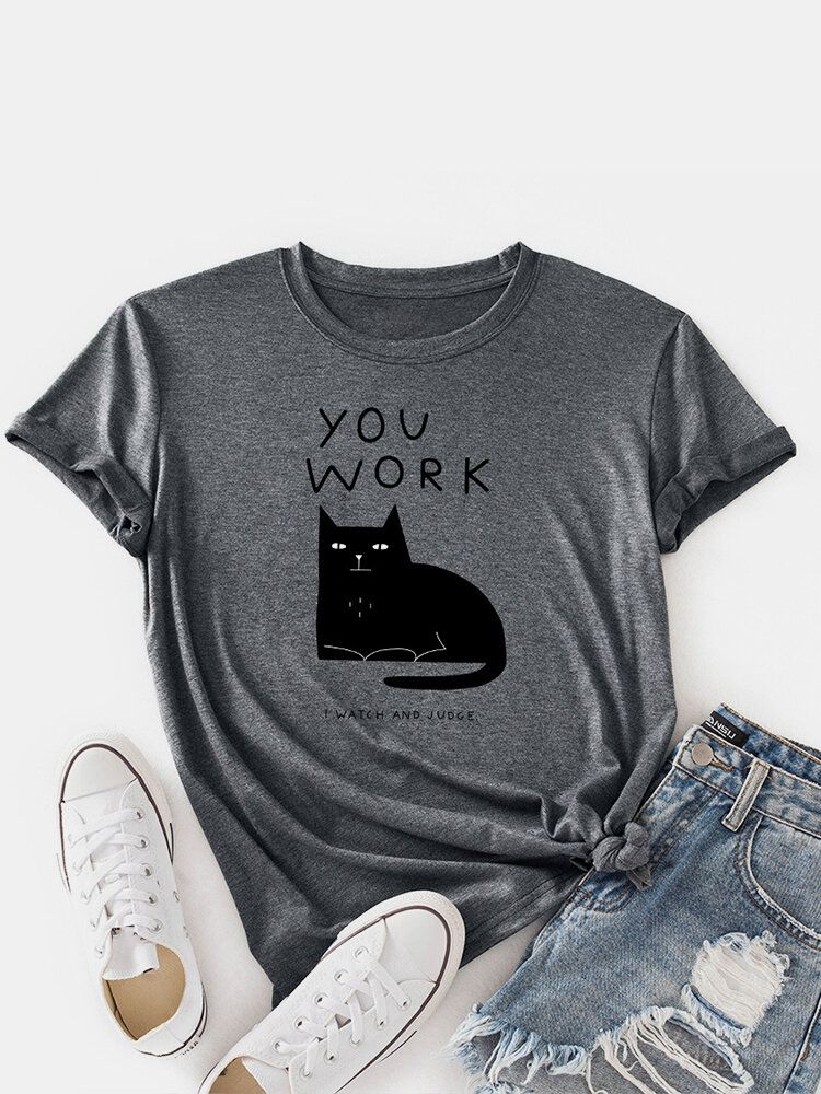 Frauen-katzen-buchstaben-druck-rundhals-niedliche Kurzarm-t-shirts