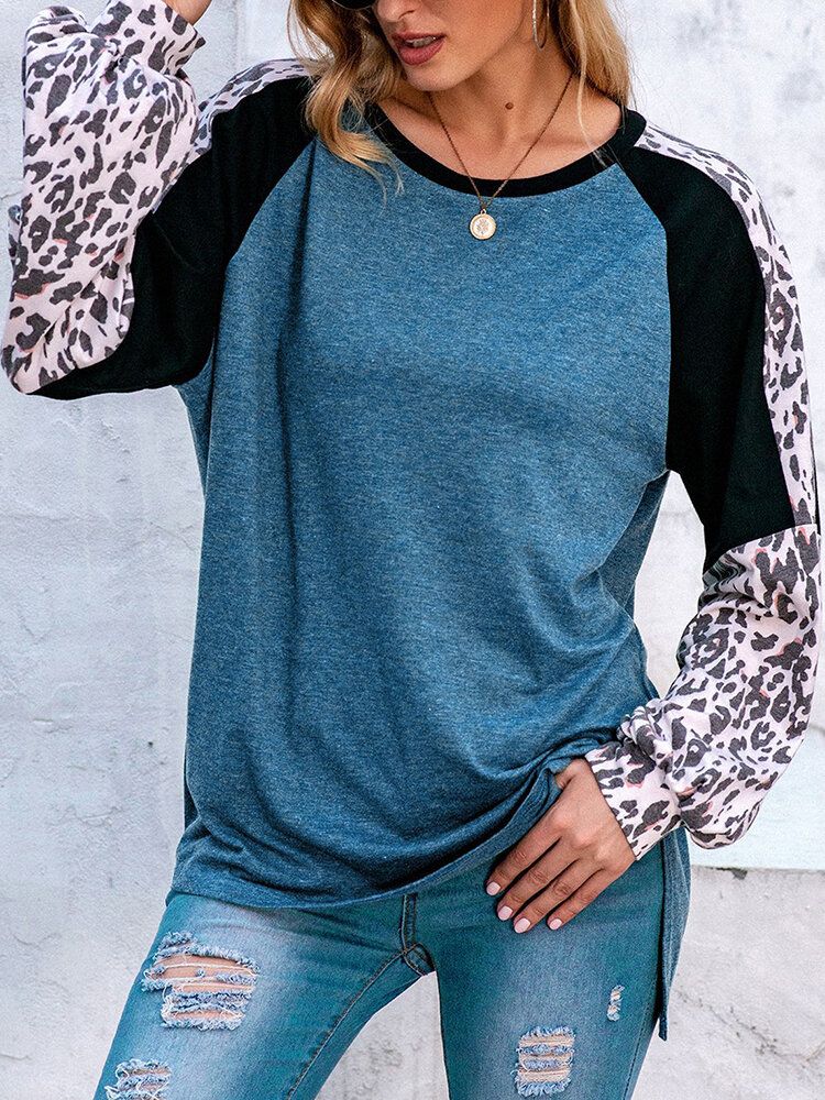 Frauen-leopard-raglan-hülsen-patchwork-oansatz Beiläufiges Loses T-shirt