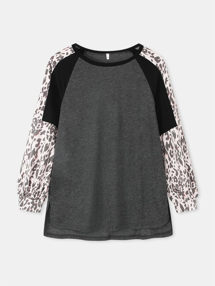 Frauen-leopard-raglan-hülsen-patchwork-oansatz Beiläufiges Loses T-shirt