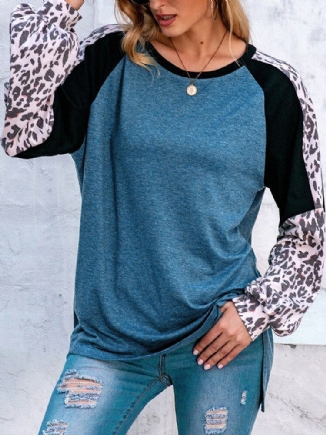 Frauen-leopard-raglan-hülsen-patchwork-oansatz Beiläufiges Loses T-shirt