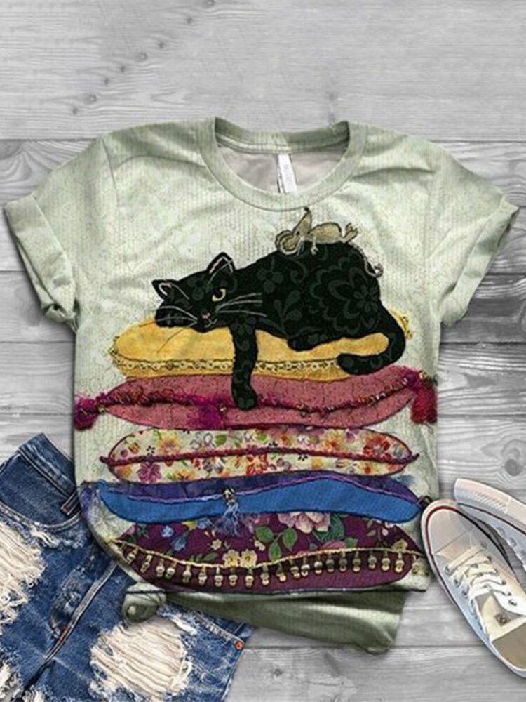 Frauen-nette Karikatur-katzen-druck-rundhals-beiläufige Kurze Hülsen-t-shirts