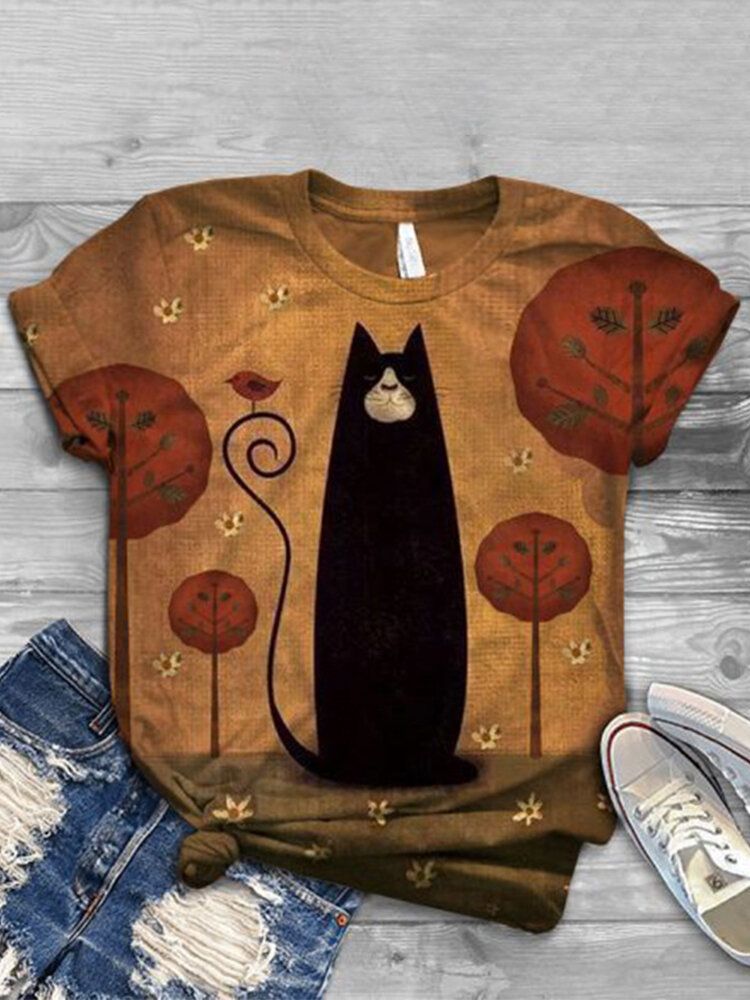 Frauen-nette Katze-blumendruck-rundhals-beiläufige Kurzarm-t-shirts