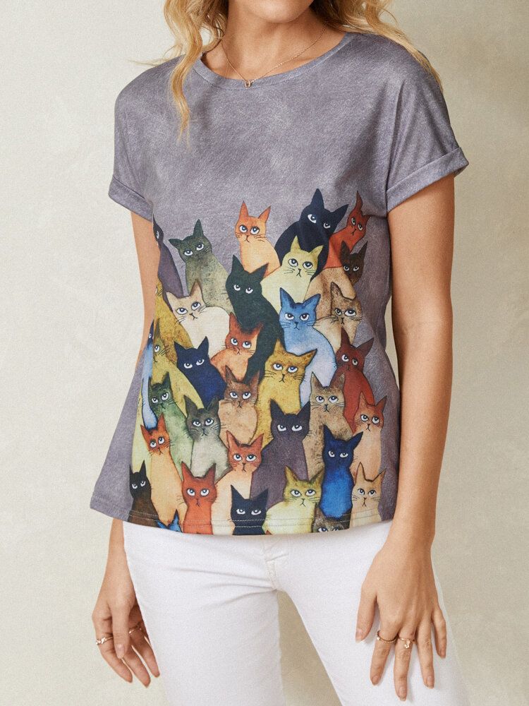 Frauen-nette Katzen-druck-rundhals-beiläufige Kurzarm-t-shirts