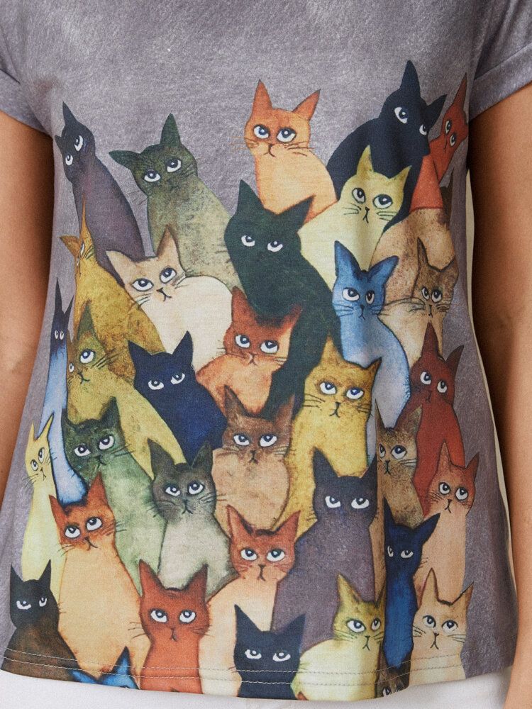 Frauen-nette Katzen-druck-rundhals-beiläufige Kurzarm-t-shirts