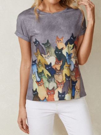 Frauen-nette Katzen-druck-rundhals-beiläufige Kurzarm-t-shirts