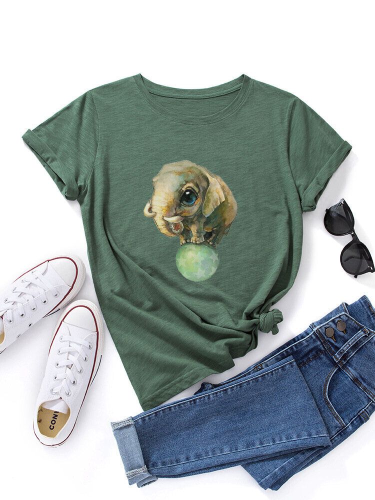 Frauen-niedlicher Karikatur-elefant-grafikdruck-mehrfarben-oansatz Kurzarm-beiläufiges T-shirt