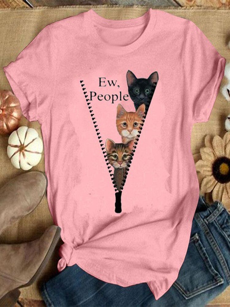 Frauen-niedlicher Karikatur-katzen-buchstabe-druck Oansatz Beiläufige Kurze Hülsen-t-shirts