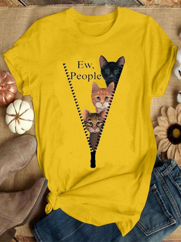 Frauen-niedlicher Karikatur-katzen-buchstabe-druck Oansatz Beiläufige Kurze Hülsen-t-shirts