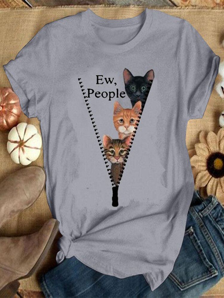 Frauen-niedlicher Karikatur-katzen-buchstabe-druck Oansatz Beiläufige Kurze Hülsen-t-shirts