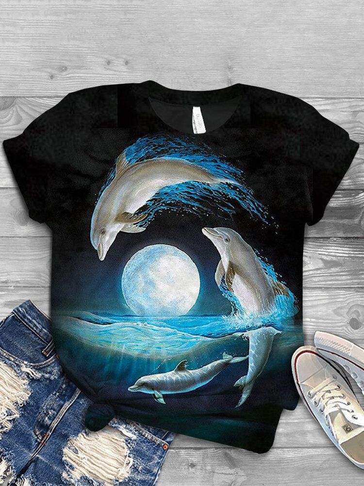 Frauen Ocean Whale Animal Print O-ausschnitt Lässige Kurzarm-t-shirts