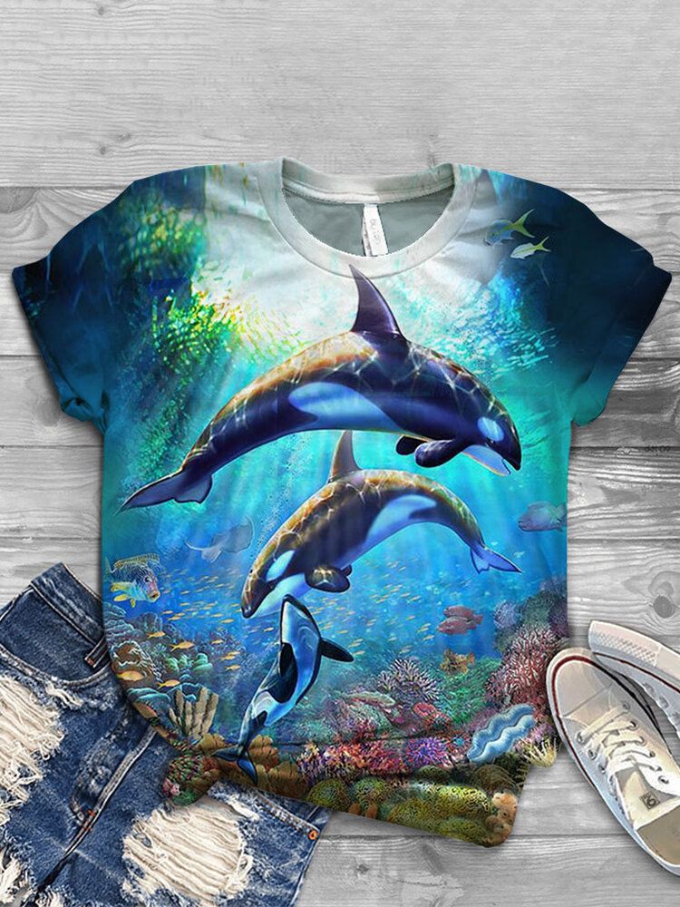 Frauen Ocean Whale Animal Print O-ausschnitt Lässige Kurzarm-t-shirts