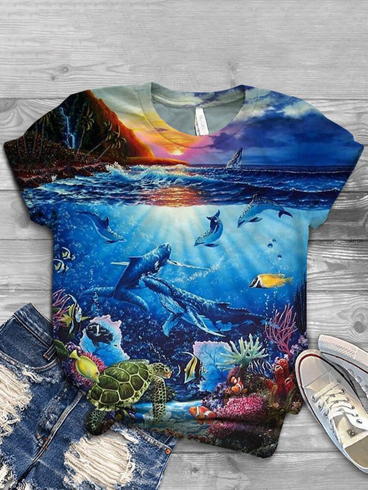 Frauen Ocean Whale Animal Print O-ausschnitt Lässige Kurzarm-t-shirts